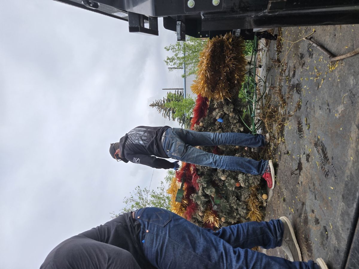 Students loading Christmas decorations onto truck