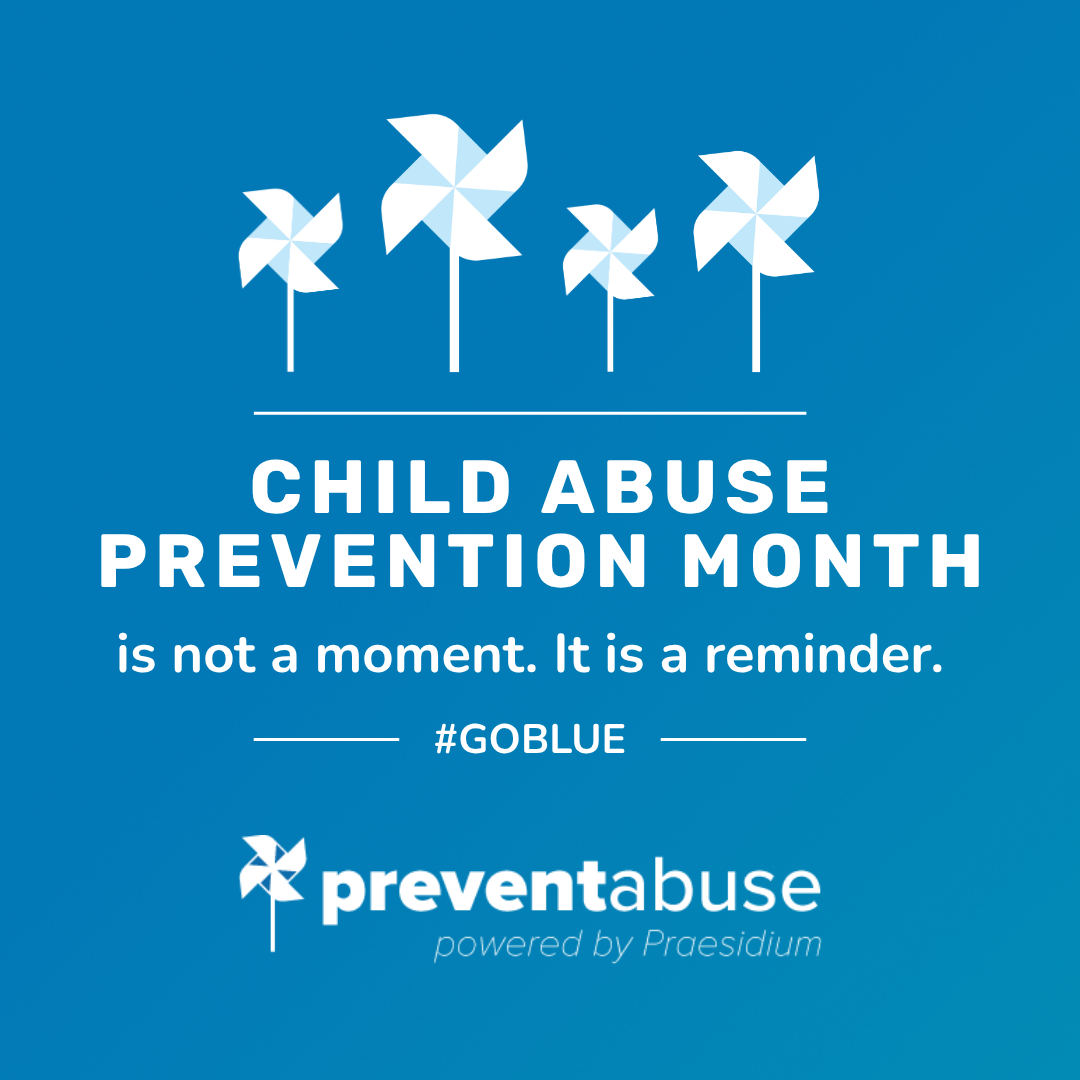 Child abuse prevention verbiage, blue background with white wind twirlls