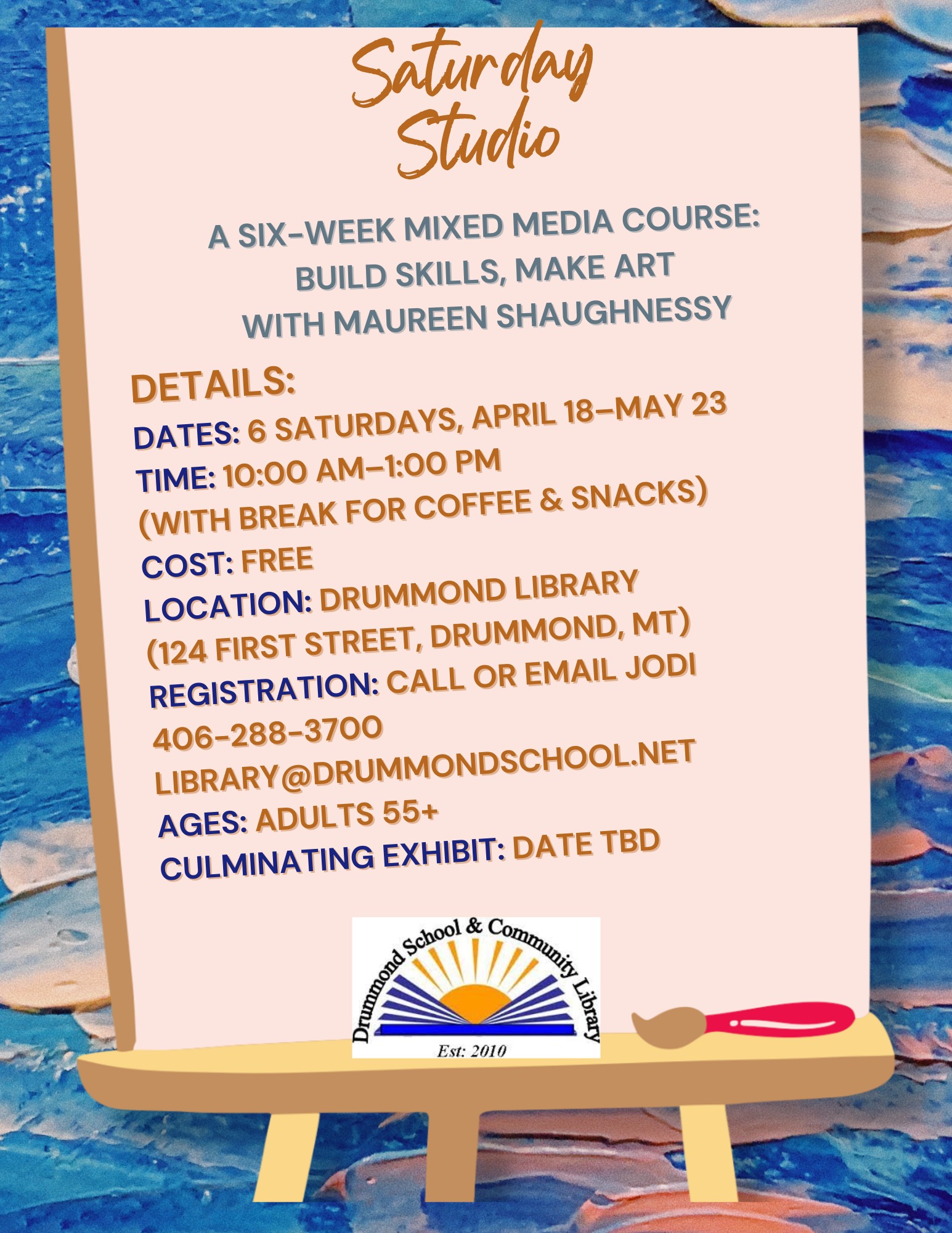 paint easel with verbiage of upcoming painting class with blue and coral painting background