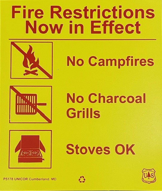 NO CAMPFIRE, CHARCOAL GRILL SYMBOL; STOVES OK SYMBOL STAGE I FIRE RESTTRICTION VERBIAGE